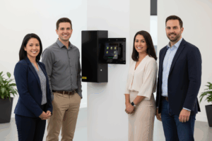 Multifamily community staff standing around HandyTrac Key Control system