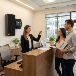 Leasing agent handing keys to new tenants with HandyTrac key control system in the background