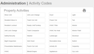 Example list of activity codes